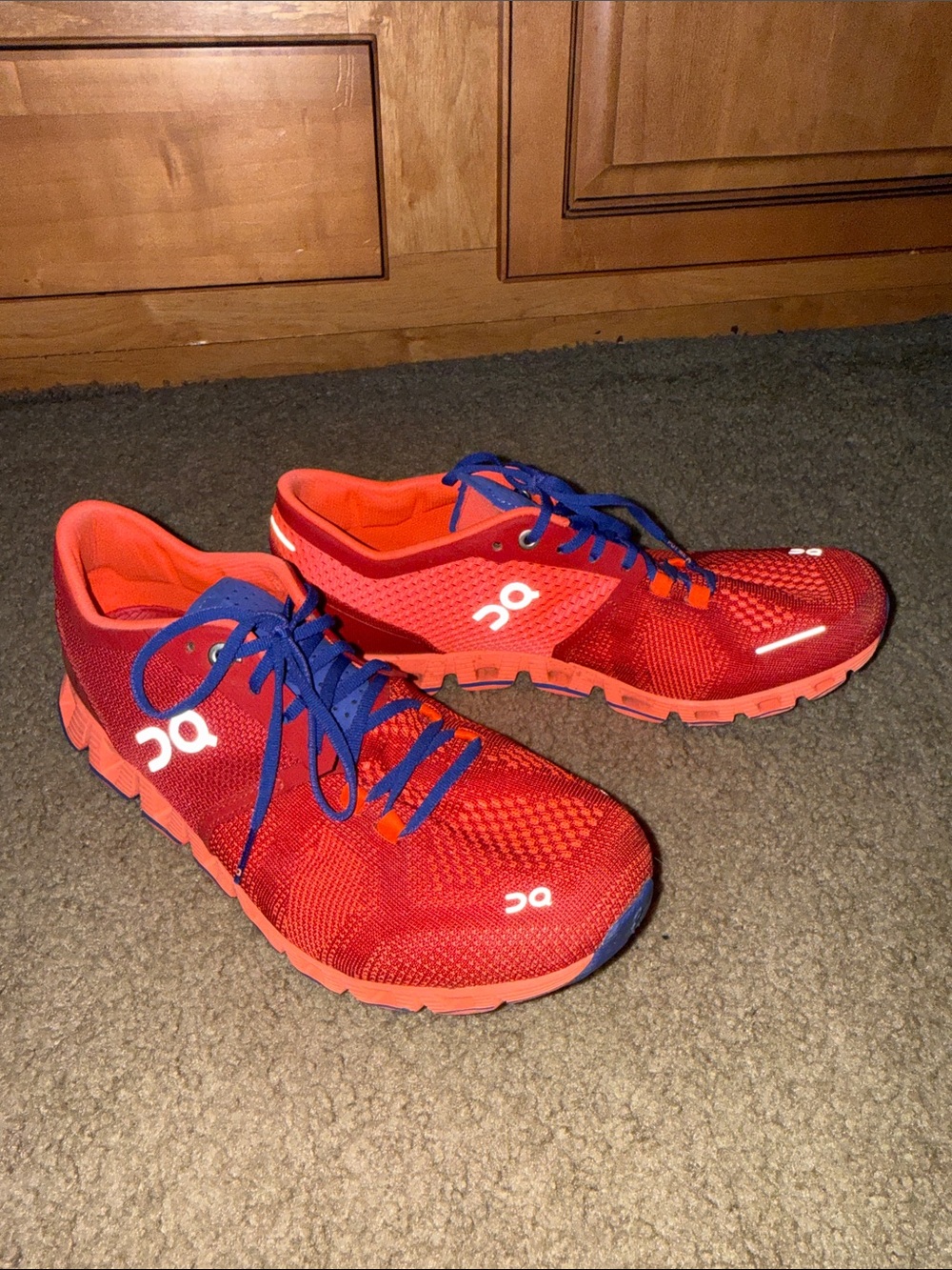 On Running Red and Blue Knit Running Shoes
